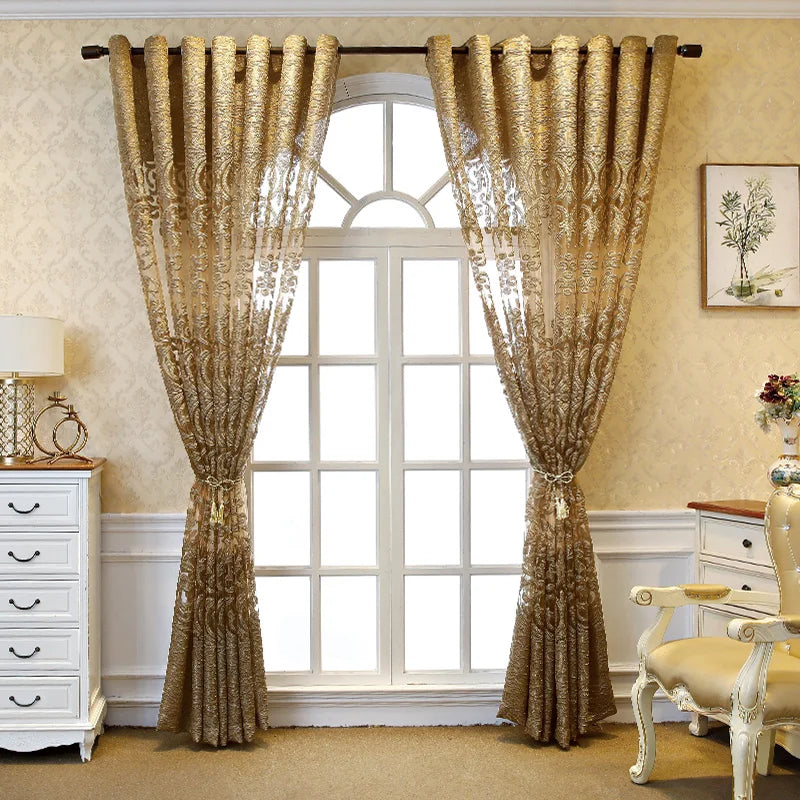 European Luxury Coffee with Golden Wire Jacquard Tulle Curtain