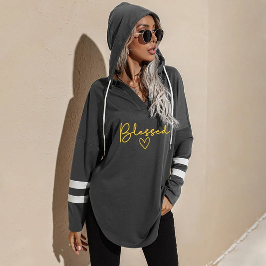 "Blessed" Christian V-Neck Long Sleeve  Hoodie