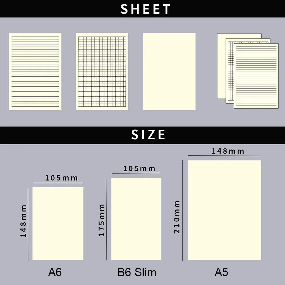 High Quality Insert Diary Refills For A5 A6 Size Notebook Cover, Grid, Ruled Blank