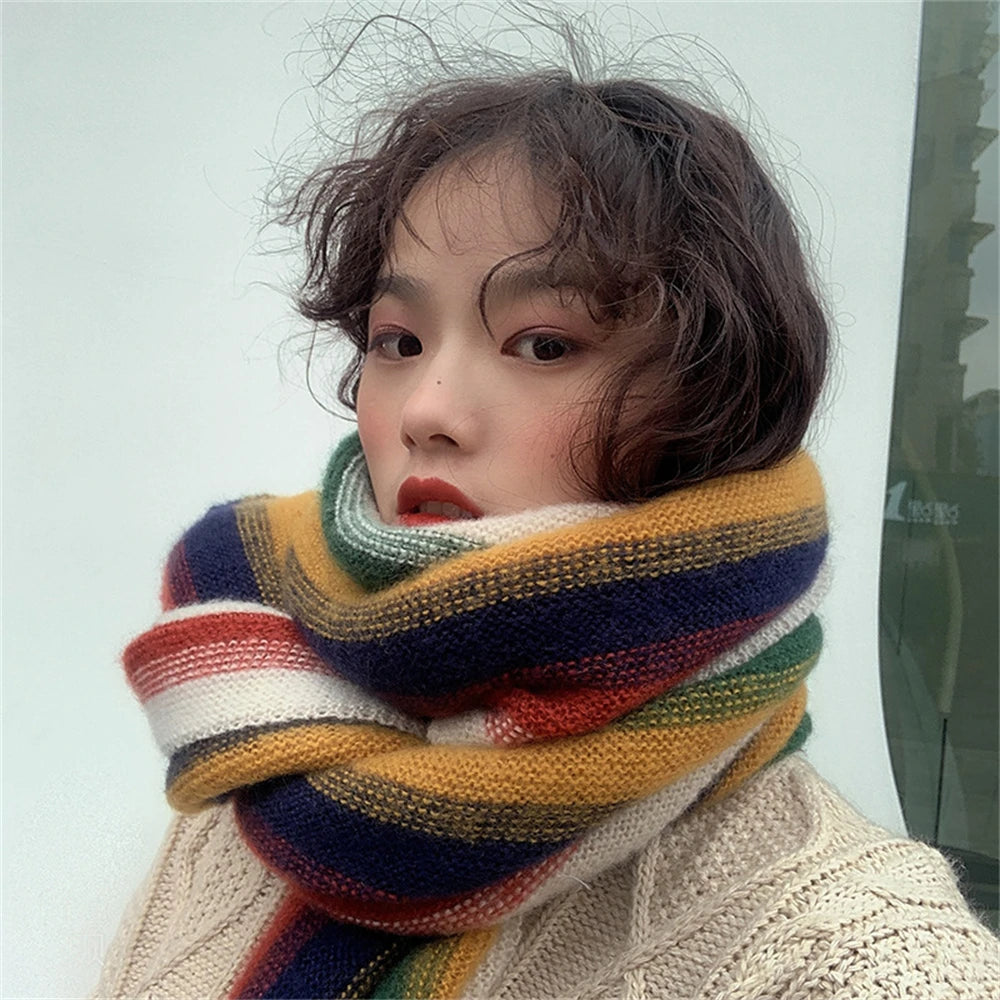 Rainbow Knit Scarf Thick Cashmere Stripe