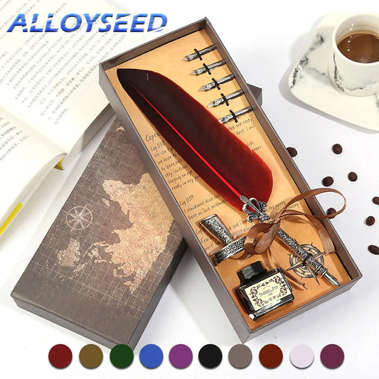 Retro Vintage Calligraphy Feather Dip Fountain Pens Writing Ink Set