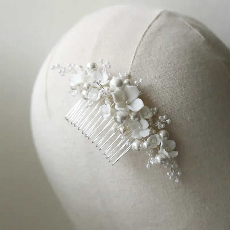 Handmade Ceramic Flower Pearl Shell Hair Comb