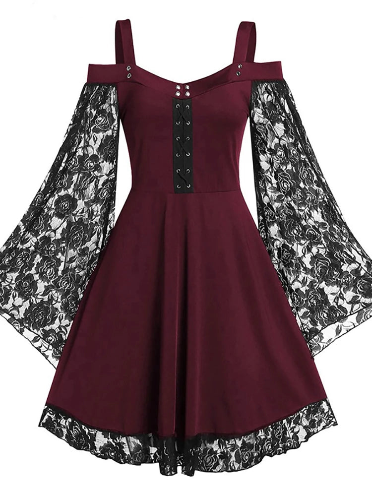 Vintage Women Grunge Punk Lace Flare Sleeve Black A-line Dress