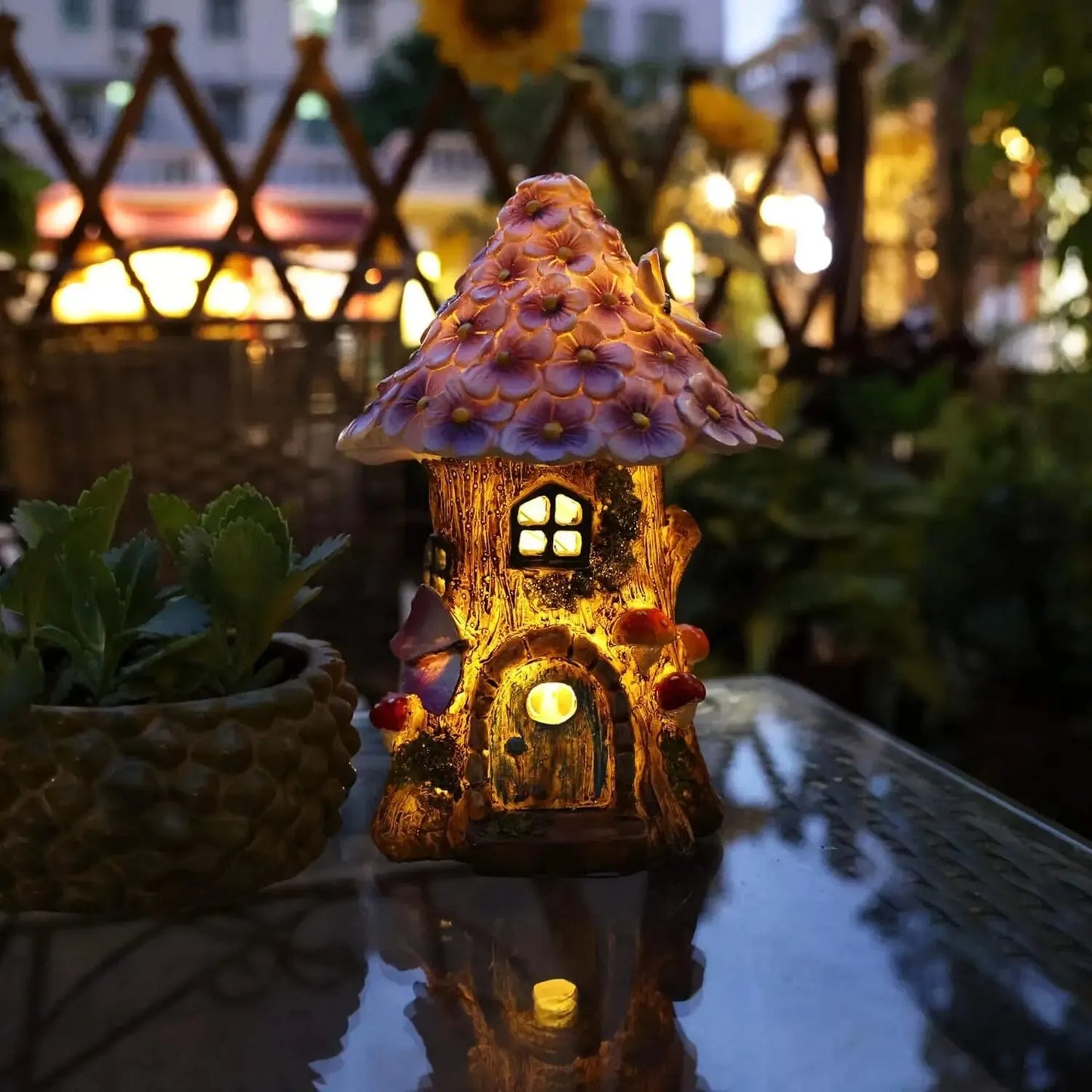 Fairy Garden House Solar Outdoor Statue, Light Up Mushroom Figurines Lawn Decorations