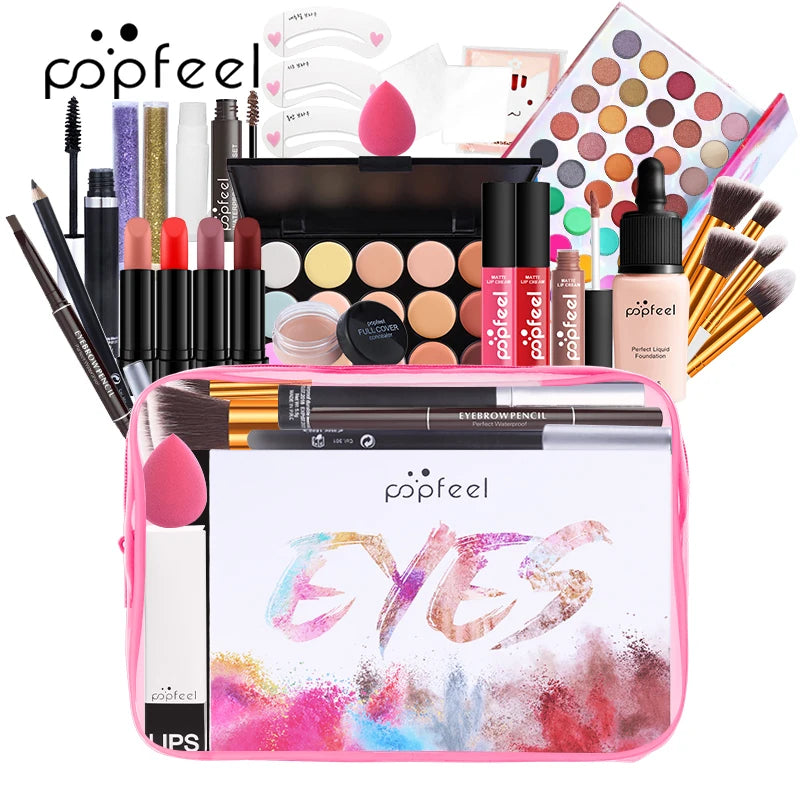 All In One Makeup Set (Eyeshadow, Lip gloss, Lipstick, Brushes, Eyebrow, Concealer, Highlight) Cosmetic Bag, Eye Shadow Kit