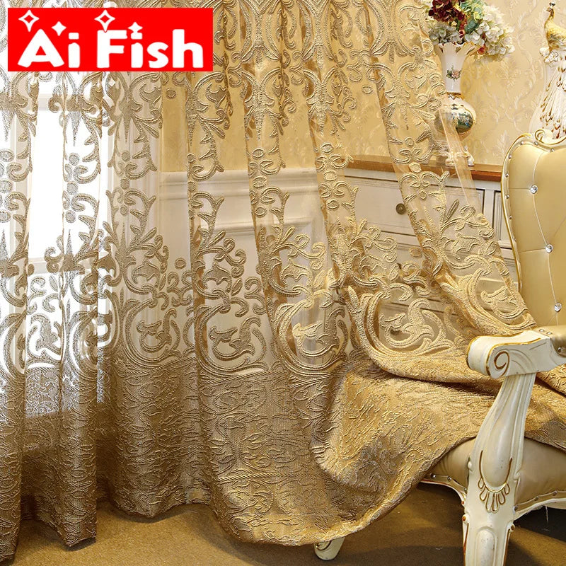 European Luxury Coffee with Golden Wire Jacquard Tulle Curtain