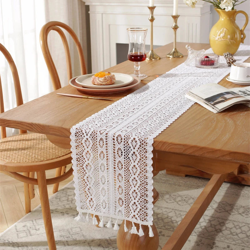 Beige Crochet Lace Table Runner