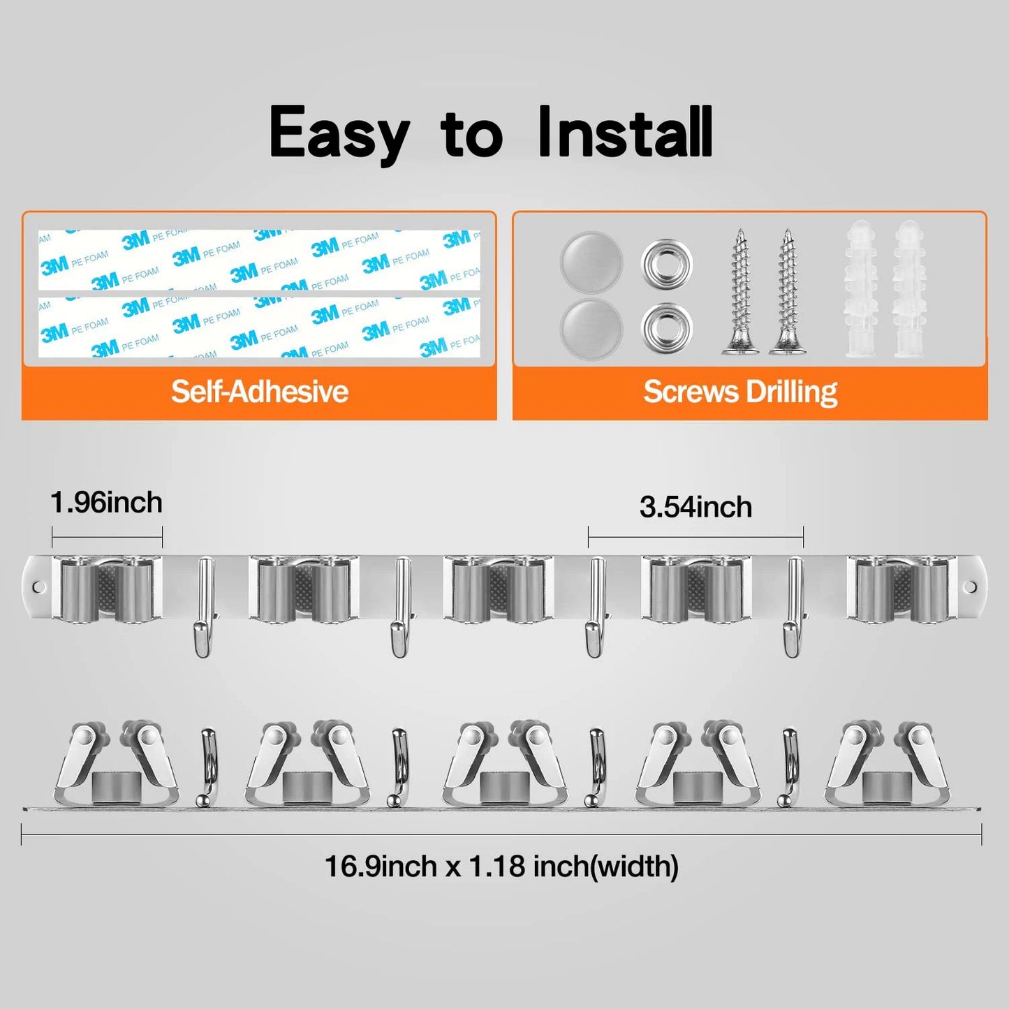 Mop Broom Holder Wall Mount 5 Racks 4 Hooks