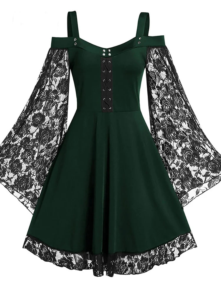 Vintage Women Grunge Punk Lace Flare Sleeve Black A-line Dress