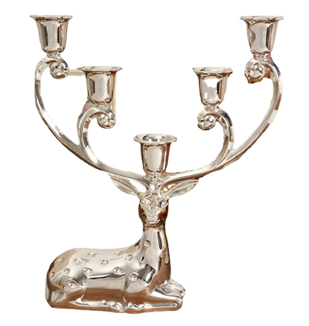 Silver Finish Metal Deer Candle Holder 5-Arms Candelabra