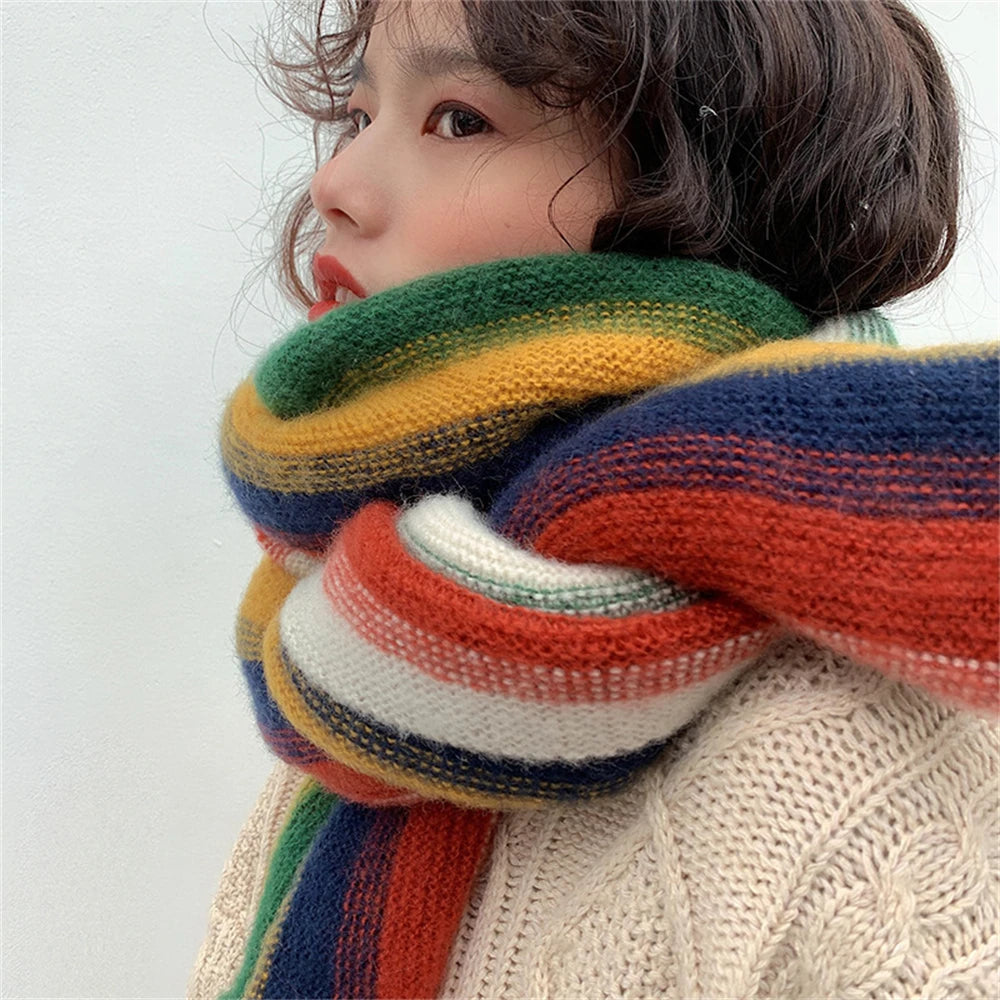 Rainbow Knit Scarf Thick Cashmere Stripe