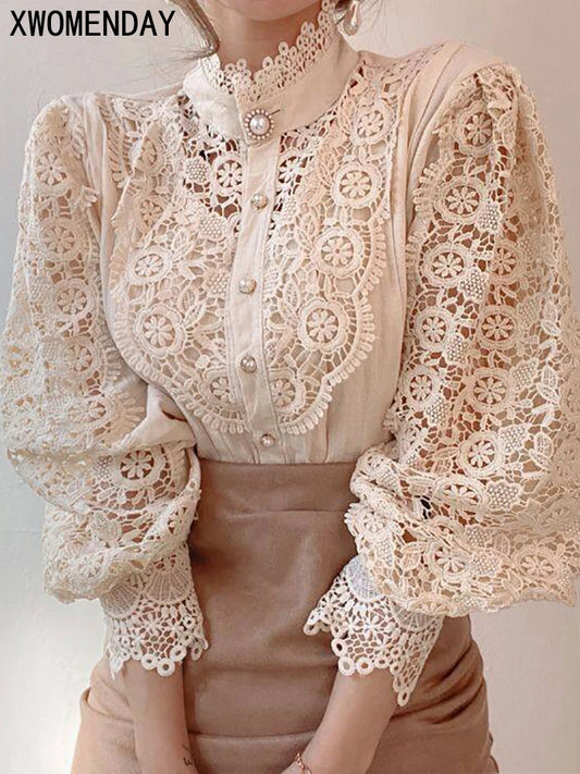 Chic Elegant Floral Lace Chiffon Turtleneck Shirt