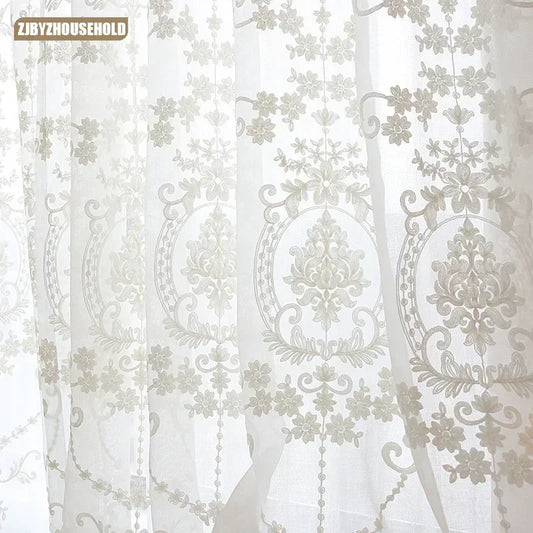 European Style Voile Tulle Sheer White Embroidery Flower Curtains