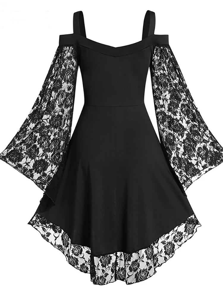 Vintage Women Grunge Punk Lace Flare Sleeve Black A-line Dress