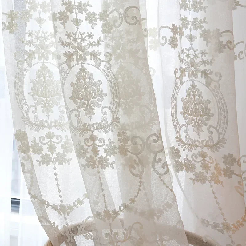 European Style Voile Tulle Sheer White Embroidery Flower Curtains