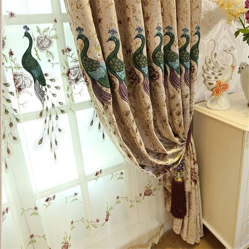 European Chenille Thick Peacock Embroidered Blackout Window Curtains