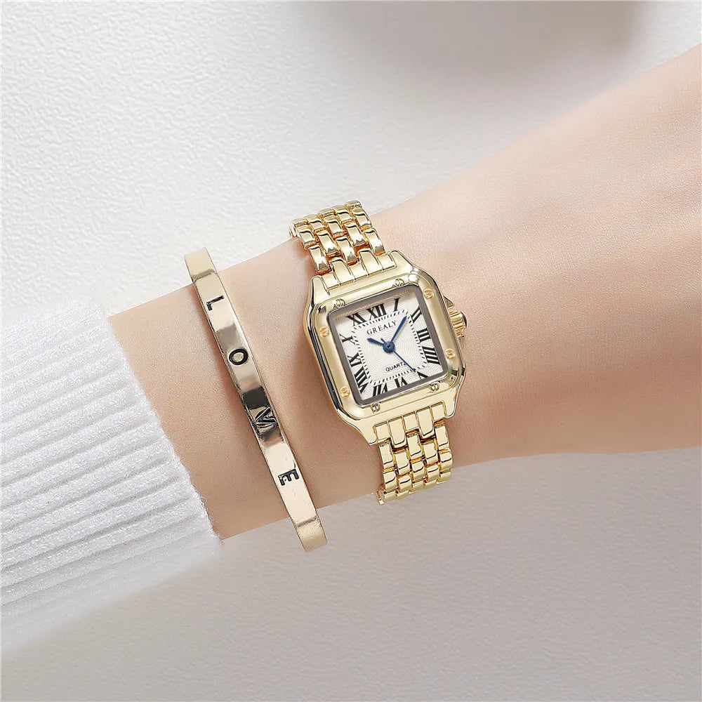 Women's Fashion Square Watch Gold Alloy Strap