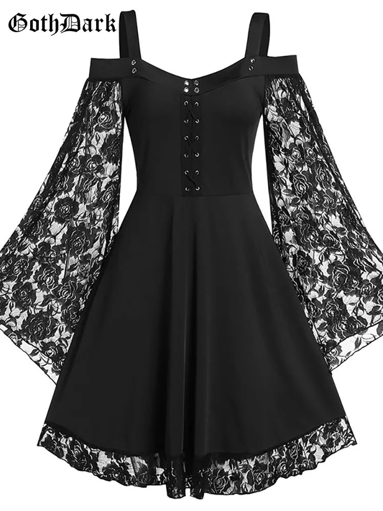 Vintage Women Grunge Punk Lace Flare Sleeve Black A-line Dress