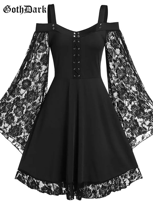 Vintage Women Grunge Punk Lace Flare Sleeve Black A-line Dress