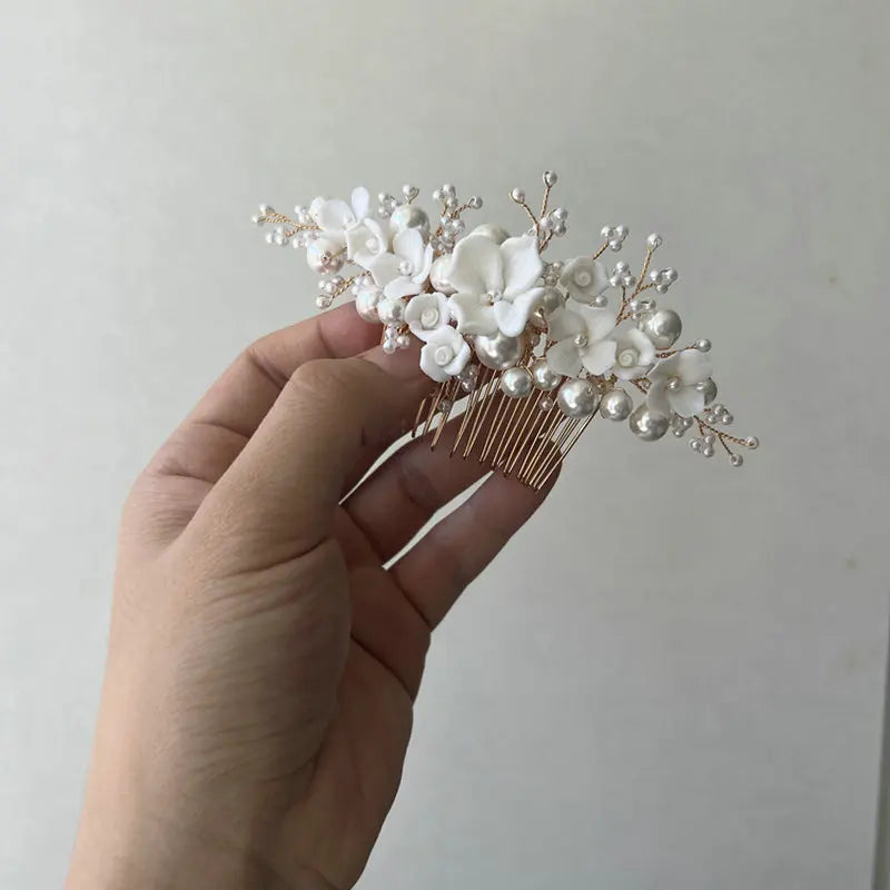 Handmade Ceramic Flower Pearl Shell Hair Comb