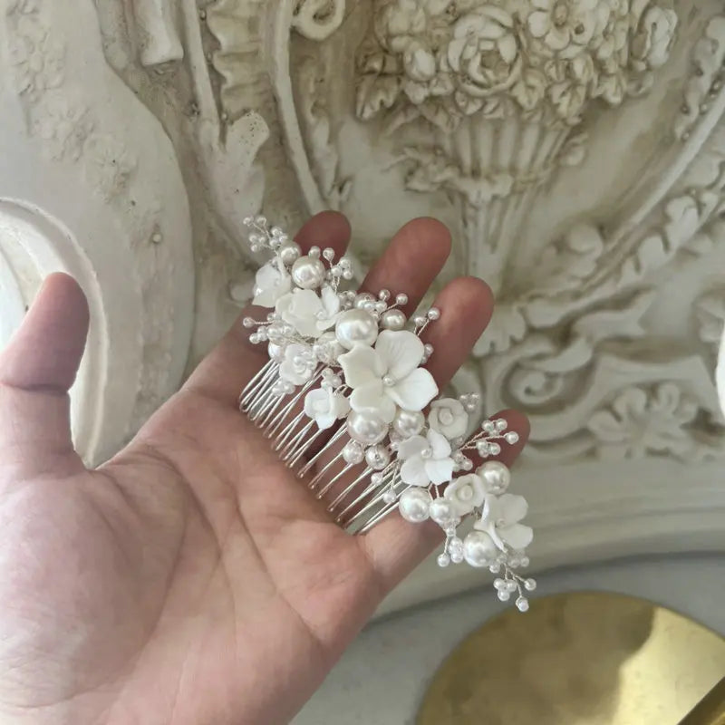 Handmade Ceramic Flower Pearl Shell Hair Comb