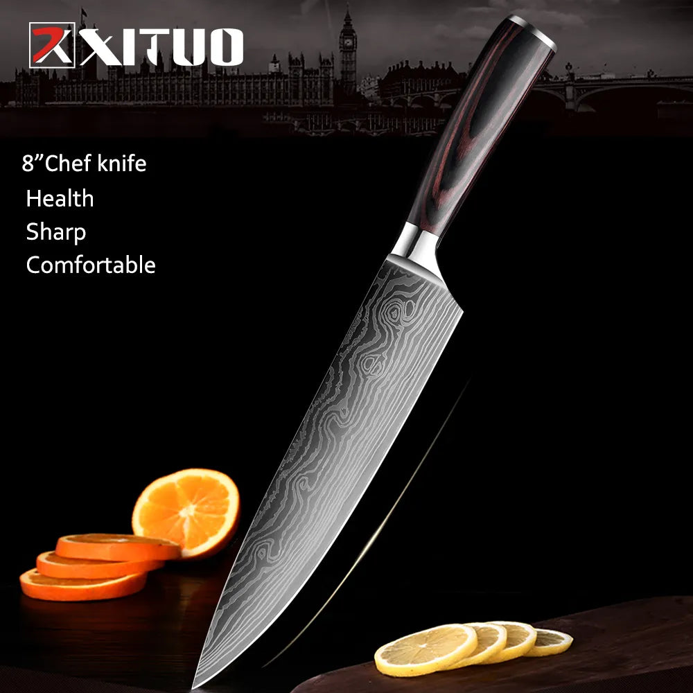 8“ Chef Knife Damascus Pattern Cleaver Sharp Kitchen Knives