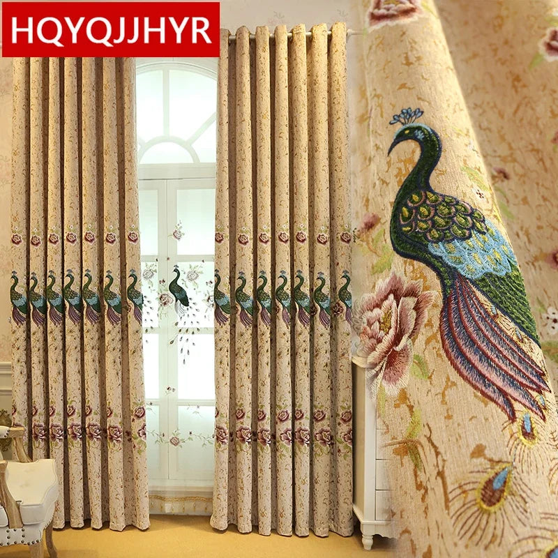 European Chenille Thick Peacock Embroidered Blackout Window Curtains