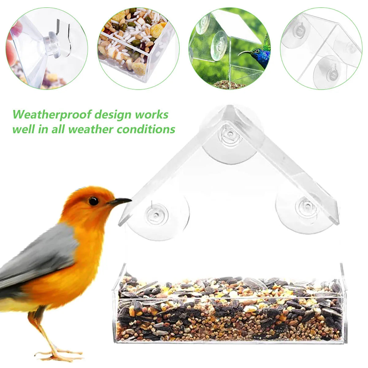 Window Bird Feeder Transparent Removable Outdoor Suction Cups Sliding Feed Tray