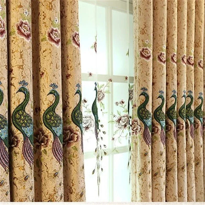 European Chenille Thick Peacock Embroidered Blackout Window Curtains