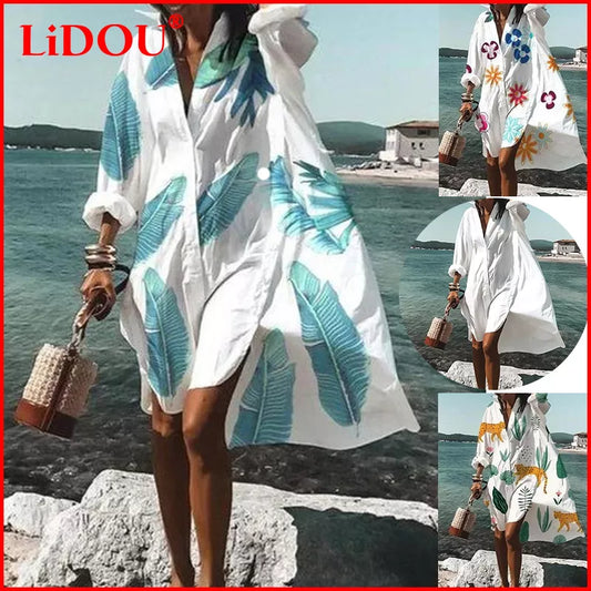 Bohemian Long Sleeve Oversized Beach Shirt Dress