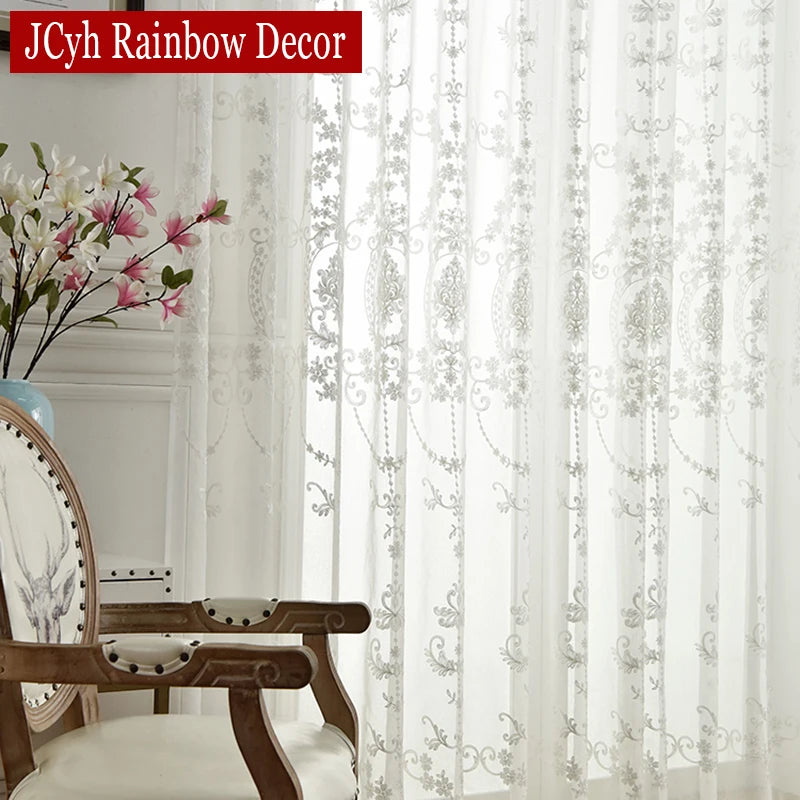 Embroidered White Tulle Curtains European Lace Voile Sheer