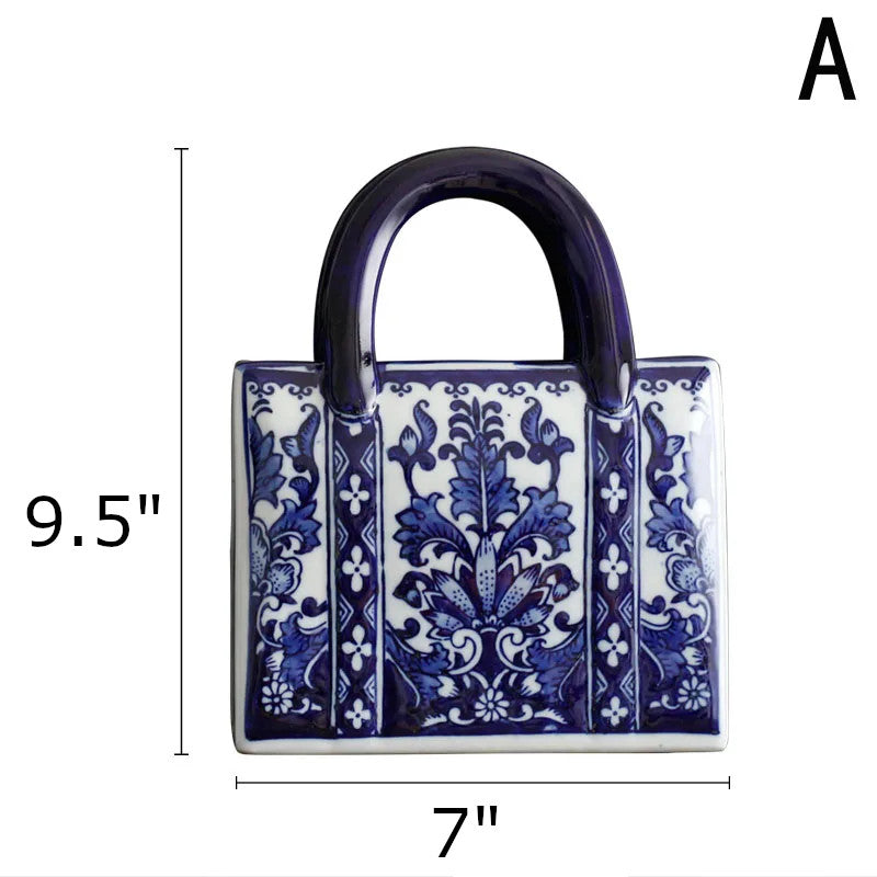 Chinese-style Blue And White Ceramic Handbag Shape Vase