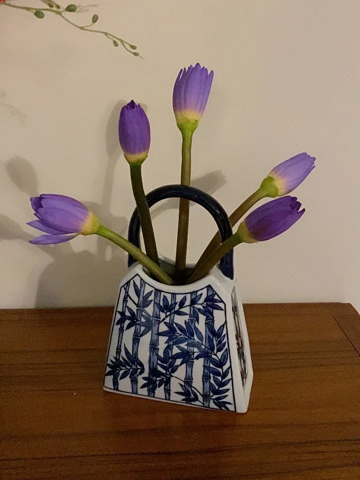 Chinese-style Blue And White Ceramic Handbag Shape Vase