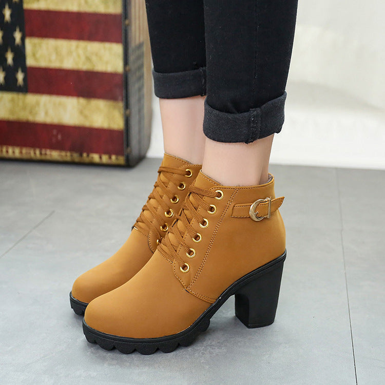 Chunky Block Heel Boots Buckle Ankle Boots