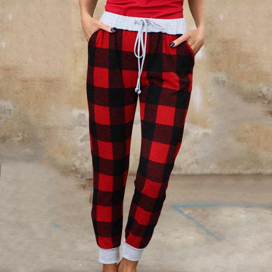 Christmas Print Plaid Drawstring Pants