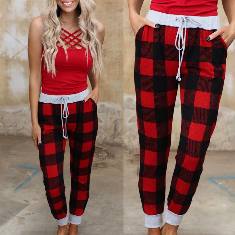 Christmas Print Plaid Drawstring Pants