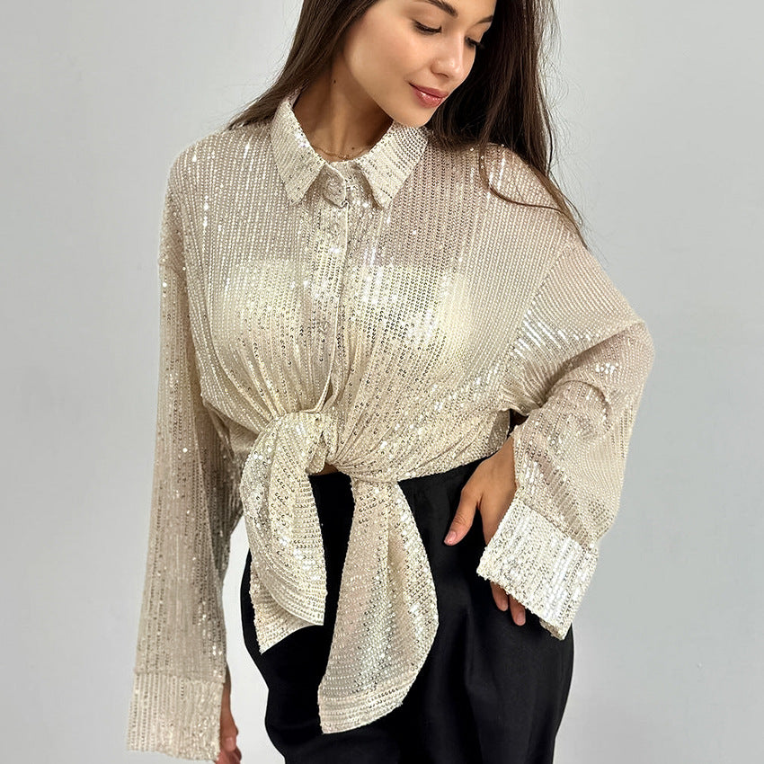 Embroidered Long Sleeve Loose Blouse, gold, silver, or black