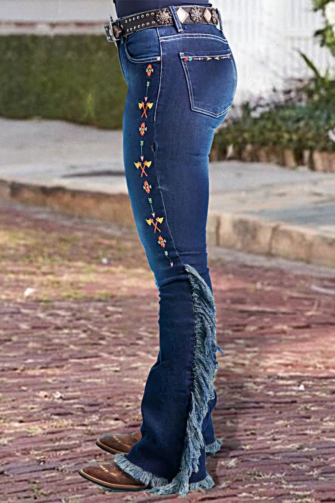 Embroidery Side Fringe Mid Waist Bootcut Jeans