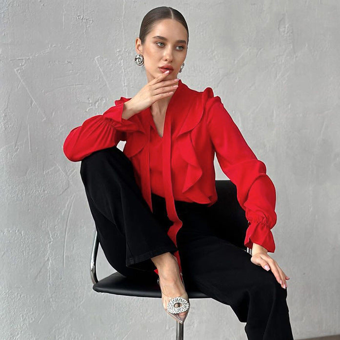 Elegant Red Chiffon Ruffled Blouse