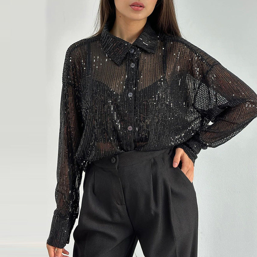 Embroidered Long Sleeve Loose Blouse, gold, silver, or black