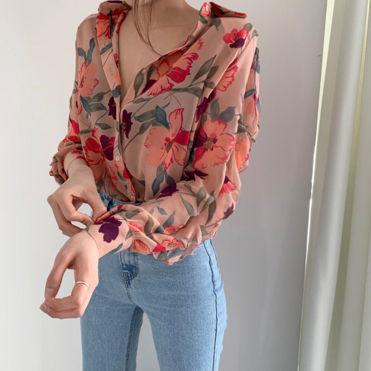 Floral Chiffon Slim-fit Long Sleeve Blouse