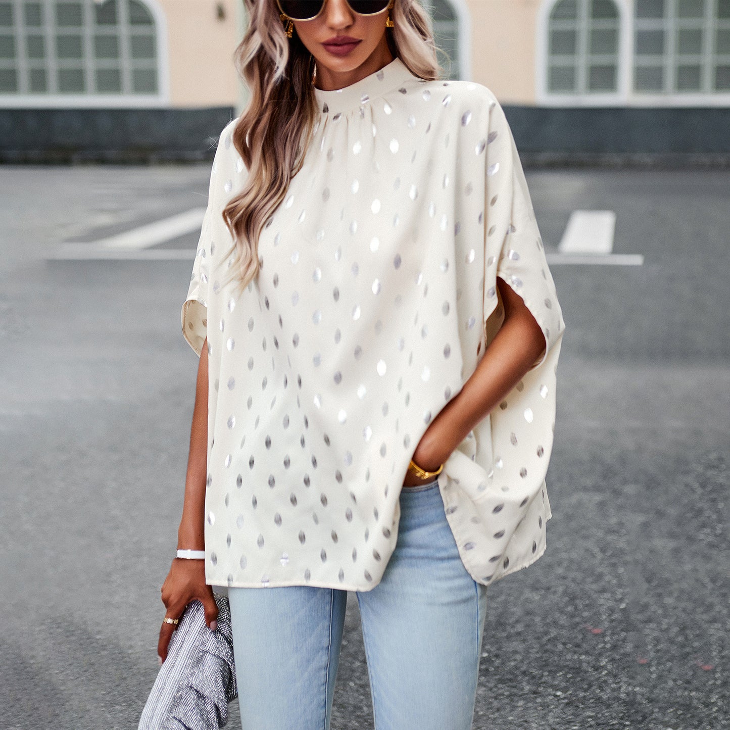 Metallic Polka Dot Long-sleeved Blouse