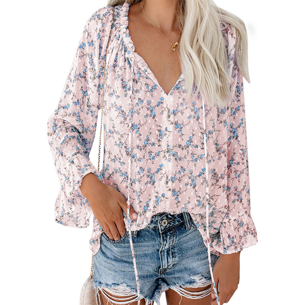 Floral Chiffon Loose V-neck Blouse, several colors