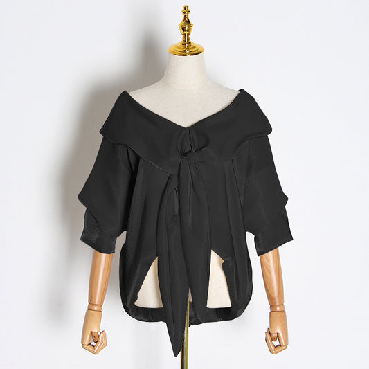 V-neck Loose Off-the-shoulder Blouse, apricot, white, black