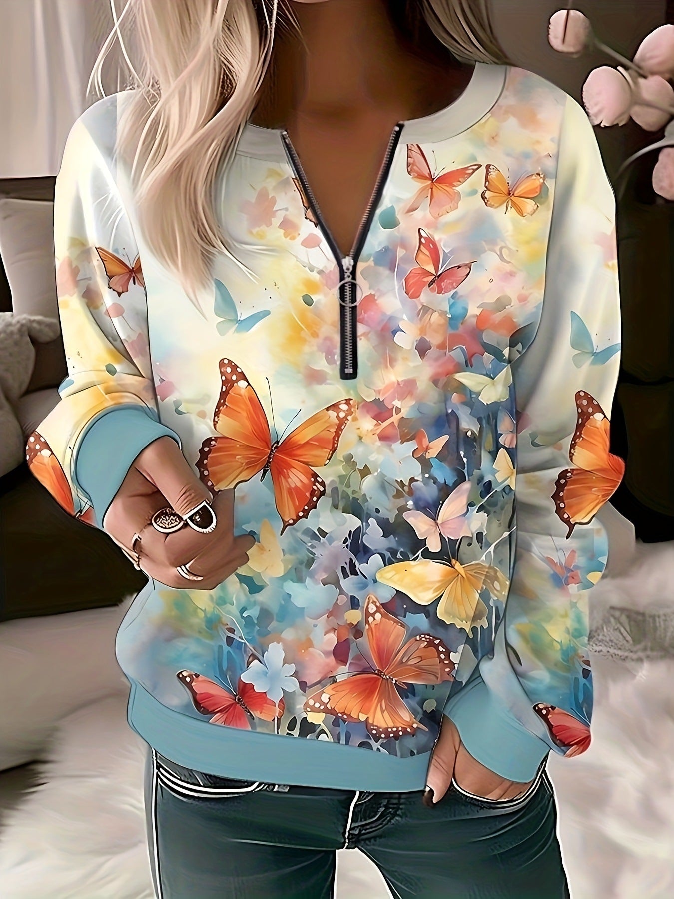 Butterfly Print Half-open Zipper Shirt