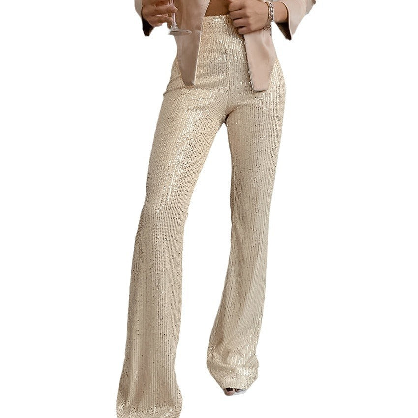 Slim Champagne Sequin Casual Flare Pants