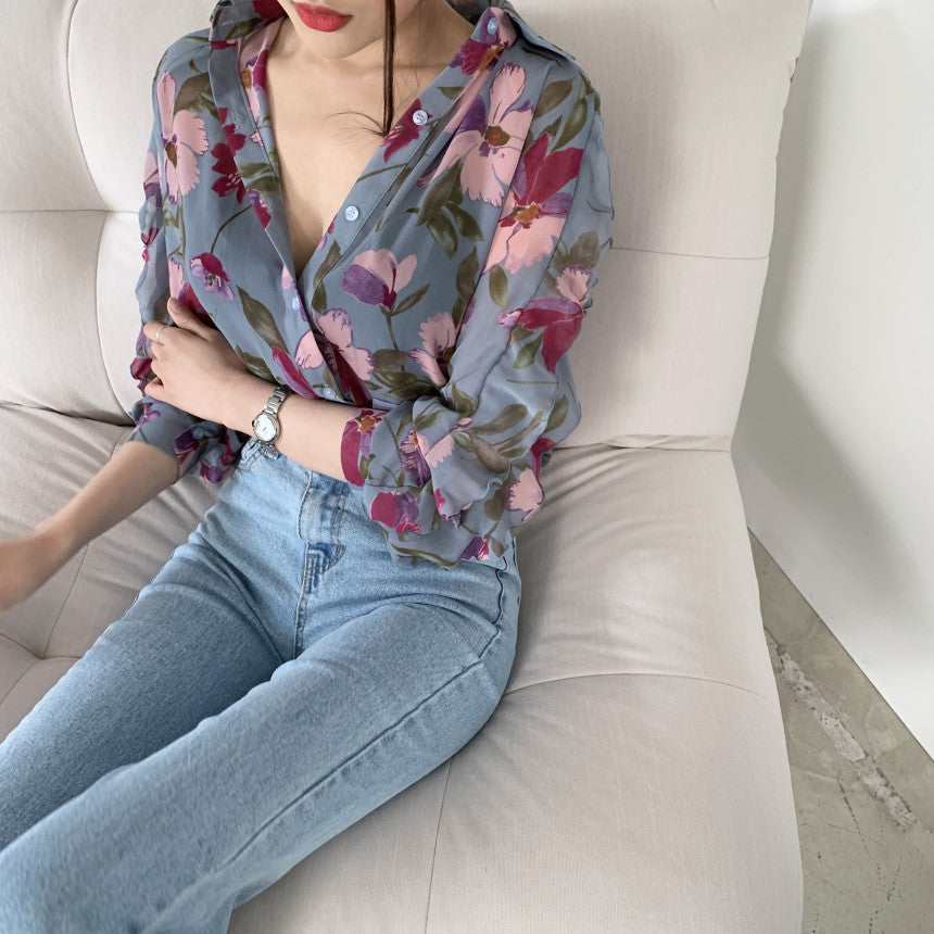 Floral Chiffon Slim-fit Long Sleeve Blouse