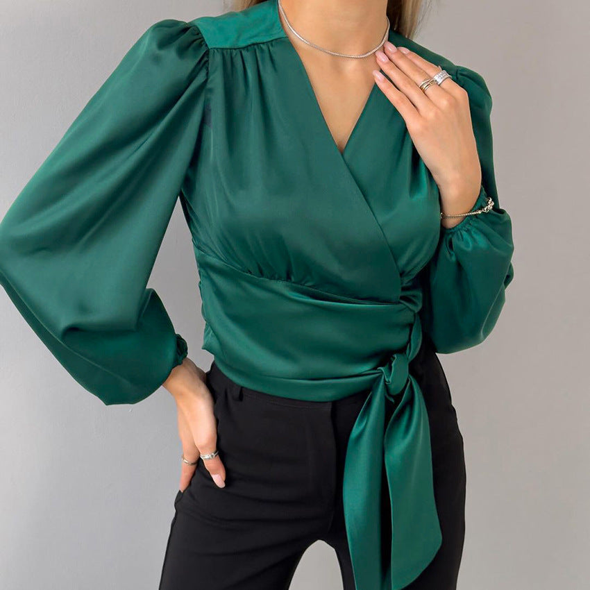 Satin V-neck Wrap Blouse