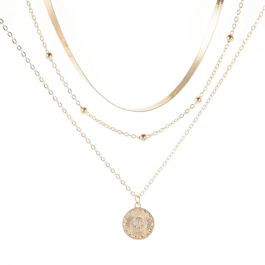 Overlay Lotus Pendant Necklace Multi-layer Choker Set, gold or silver