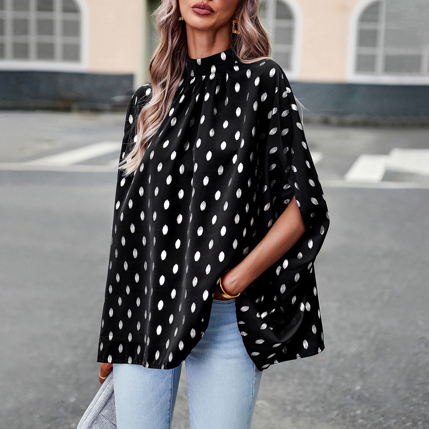 Metallic Polka Dot Long-sleeved Blouse